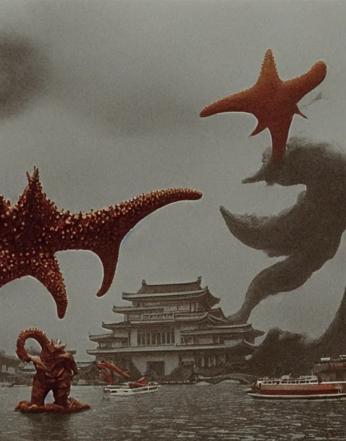 Image similar to a filmstill of a north korean monster movie, kaiju - eiga monster starfish - like trampling a traditional korean palace, foggy, film noir, epic battle, etheral, explosions, communist propaganda, communist epic thriller, by akira kurosawa and wes anderson video compression