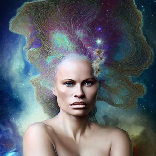 Prompt: beautiful detailed cgi matte painting female pamela anderson of the andromeda, by ellen jewett, alessio albi | symmetrical features, ominous, alluring, vivacious, realism, intricate, ornate, royally decorated, organic, growth, whirling nebulas, glowing particles, colorful refractive adornments, torn nebulas, radiant nebula colors