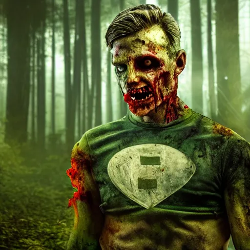 Prompt: a zombie superhero in a scary forest, 8 k, shallow depth of field, 8 k, ultra high detail, concept art,