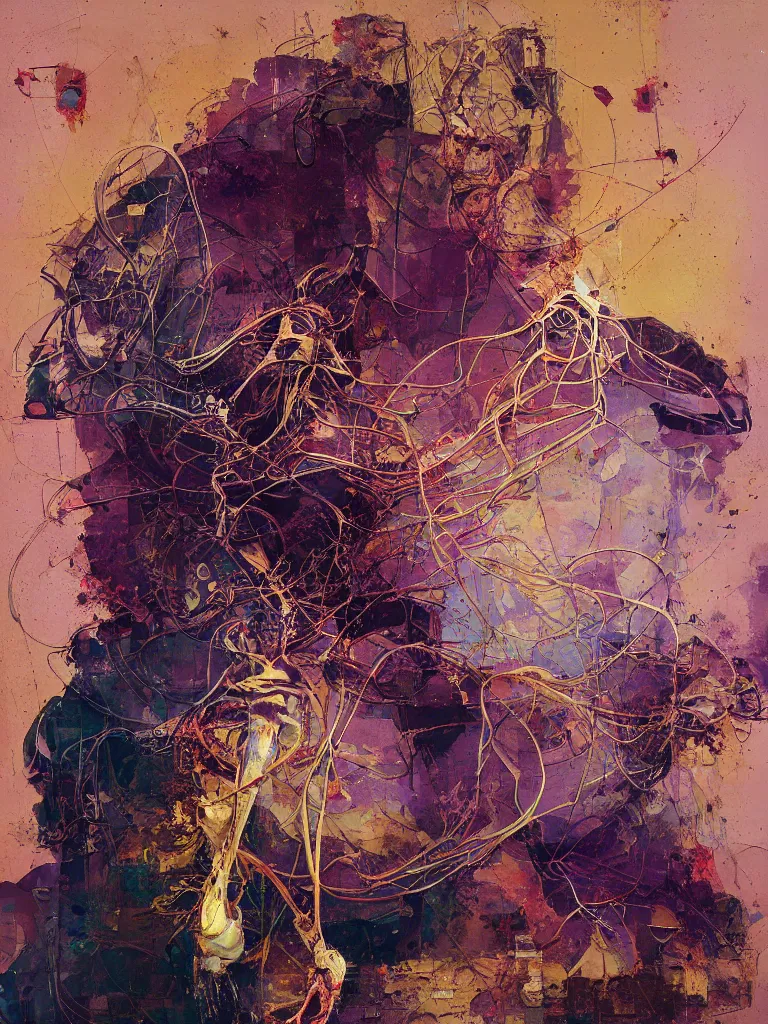 Image similar to a beautiful glitched painting by robert proch of an anatomy study of the human nervous system on colored square shapes by atelier olschinsky, color bleeding, pixel sorting, copper oxide and rust materials, brushstrokes by jeremy mann, cold top lighting, pastel purple background