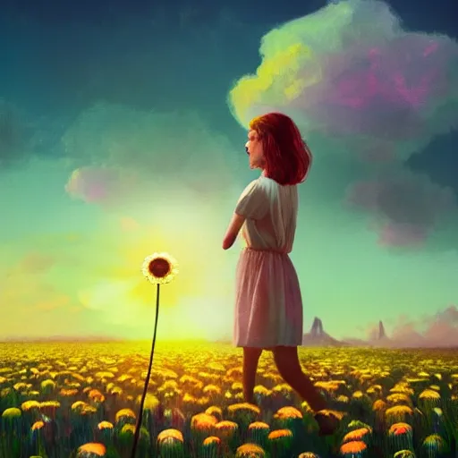 Image similar to giant daisy flower head, girl standing in a flower field, surreal photography, sunrise dramatic light, impressionist painting, colorful clouds, digital painting, artstation, simon stalenhag, flower face