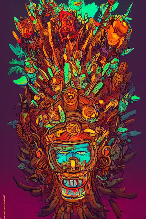 Image similar to totem animal tribal chaman vodoo mask feather gemstone plant wood rock video game illustration vivid color borderlands by josan gonzales and dan mumford radiating a glowing aura