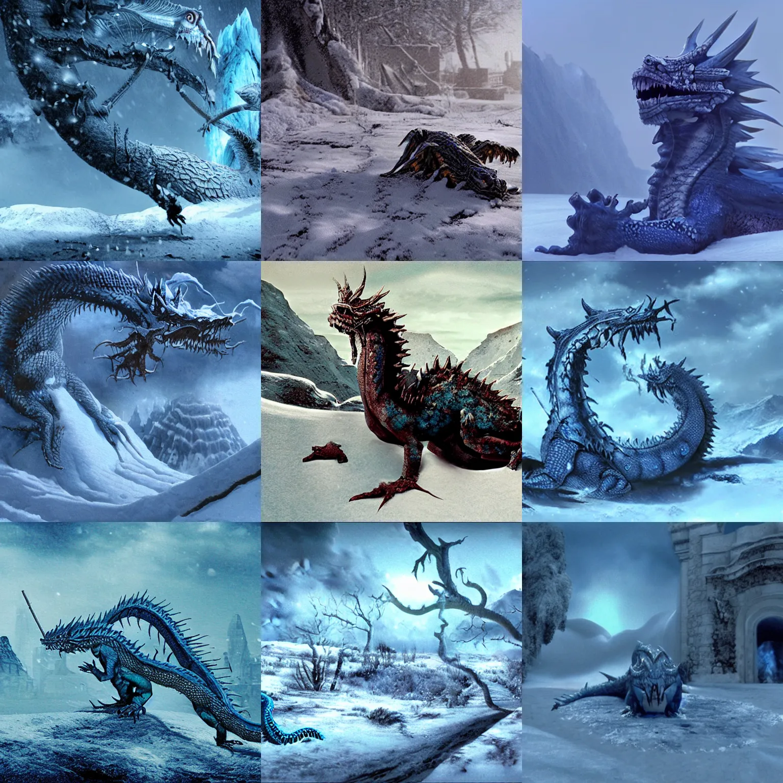 Prompt: dead blue dragon, in the snow, ethereal, matte painting, still from the movie,