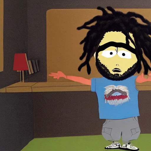 Prompt: a highly detailed painting of a boy with dreadlocks and a beard in the virtual reality of southpark, he does a lot of mischief and dances with the other members of the series