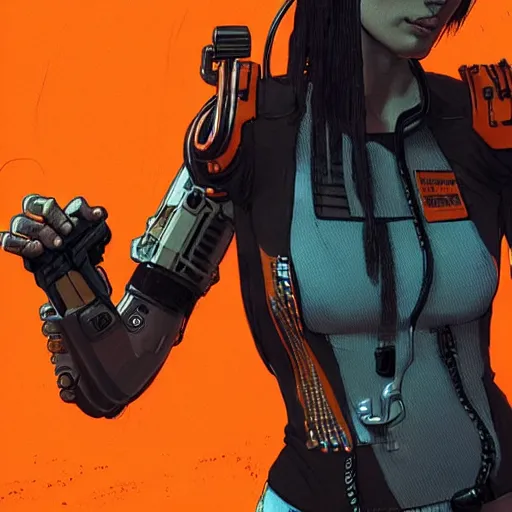 Prompt: mechanic wearing cyberpunk 2 0 7 7 industrial mechanical arms. orange and black color scheme. concept art by james gurney and mœbius.