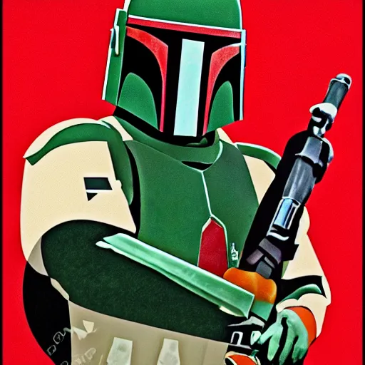 Image similar to Boba Fett in the style of a 1950s propaganda poster