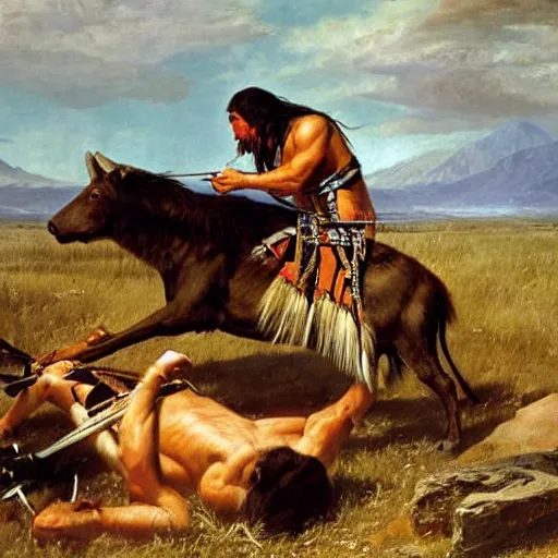 Image similar to native american man kills sabertooth!!!!!!!!! with bow and arrow on great plains, painting by emanuel leutze and emanuel leutze and emanuel leutze