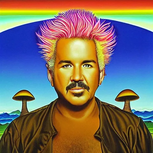 Image similar to 8 0 s new age album cover depicting a mushroom cloud in the shape of guy fieri, very peaceful mood, oil on canvas by alex grey