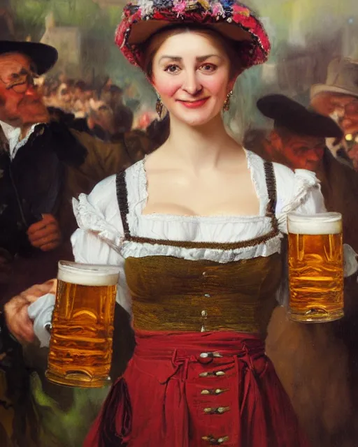 Image similar to a painting of janice jarratt holding a mug of beer at the oktoberfest, a detailed painting by konstantin makovsky and by jan matejko and by nikolay makovsky, shutterstock contest winner, german romanticism, detailed painting, oil on canvas, wimmelbilder