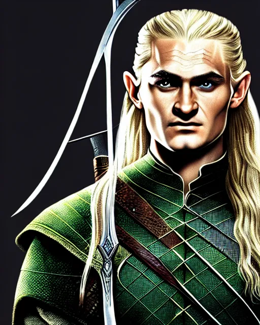 Prompt: Legolas from Lord of the rings, Cover art by Stephen Bliss, boxart, loading screen, 8K resolution