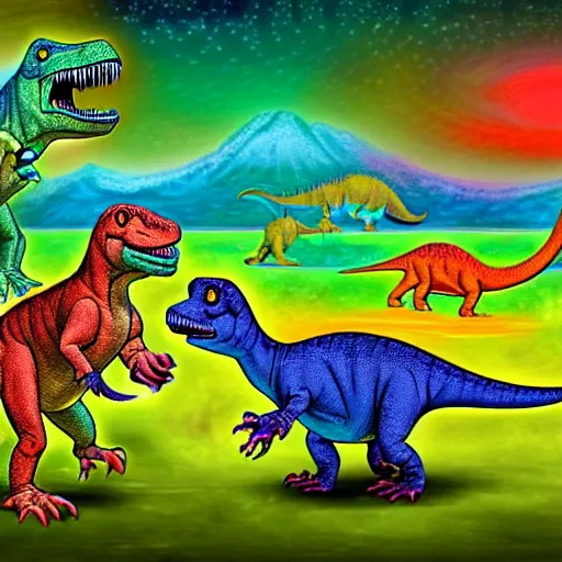 Image similar to dinosaurs on lsd