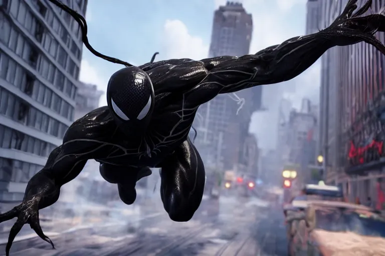 Prompt: venom fused with spider - man, ultra realistic 4 k unreal engine very cinematic render with ray tracing bloom ambient occlusion strong reflections