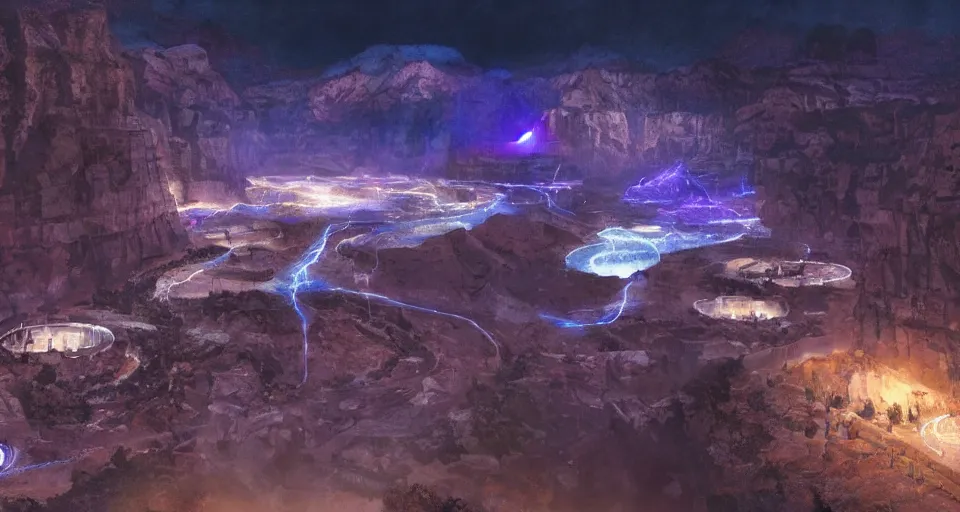 Image similar to night, a lot of people and a spiral - shaped white luminous attractor is floating in grand canyon, concept art, art for the game, professional lighting, art