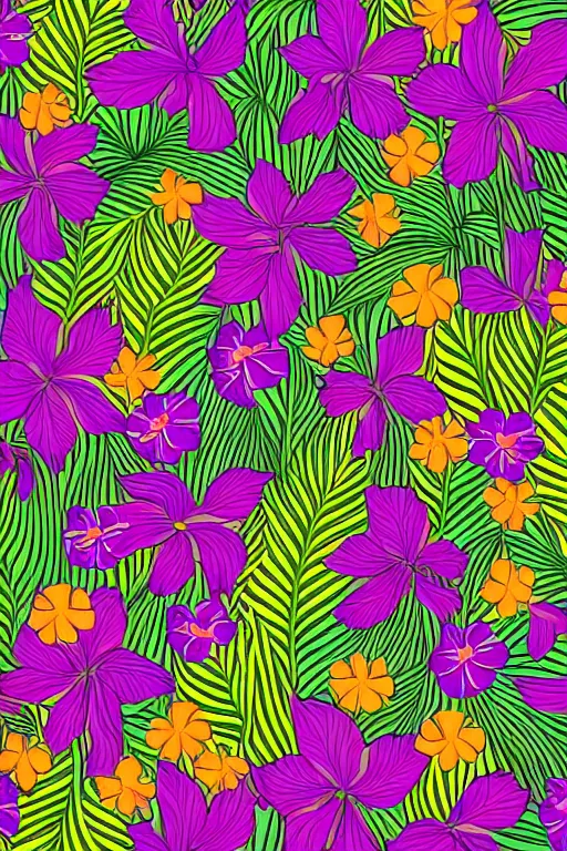 Prompt: Intricate detailed vector illustration of widel spaced tropical flowers and green reeds, multiple cohesive colors ranging from warms purples to bright oranges on a ((clearly visible very dark background)), 4K resolution