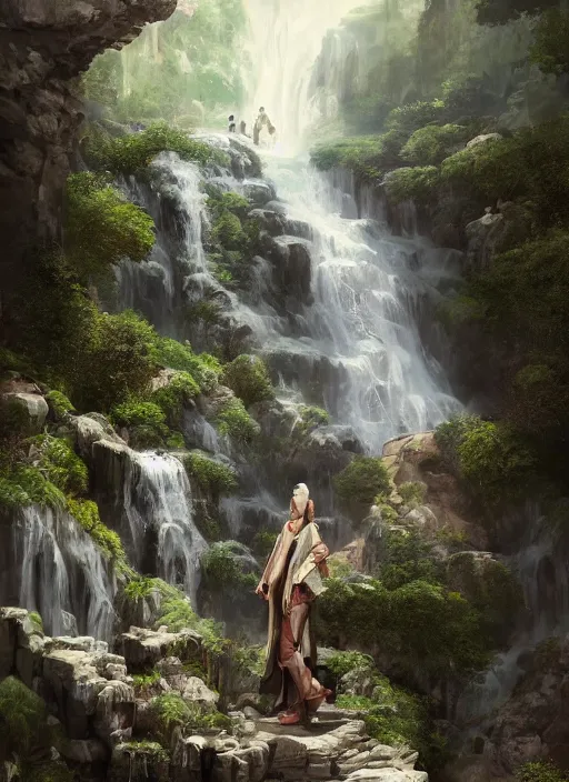 Image similar to a sage in fabrics under a waterfall in a beautiful mountainous area, in style arcane, musician, musical keyboard, hyper detailed, digital art, trending in artstation, cinematic lighting, studio quality, smooth render, unreal engine 5 rendered, octane rendered, art style by joseph christian leyendecker and wlop and krenz cushart