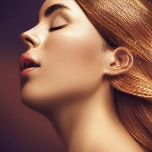 Prompt: a very beautiful still of a beautiful brown - haired woman with her head leaning backwards, golden, eyes closed, front shot, very close - up, hyper detailed, high contrast, bokeh background, realistic, digital art by irakli nadar, sharp focus, golden, delicate, sunlight, dark background, 4 k
