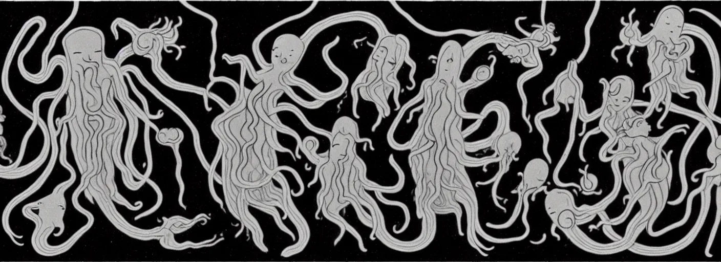 Prompt: whimsical uncanny creatures with flagella shaped like yin yangs from the depths of the collective unconscious, dramatic lighting, surreal dark 3 0 s cartoons