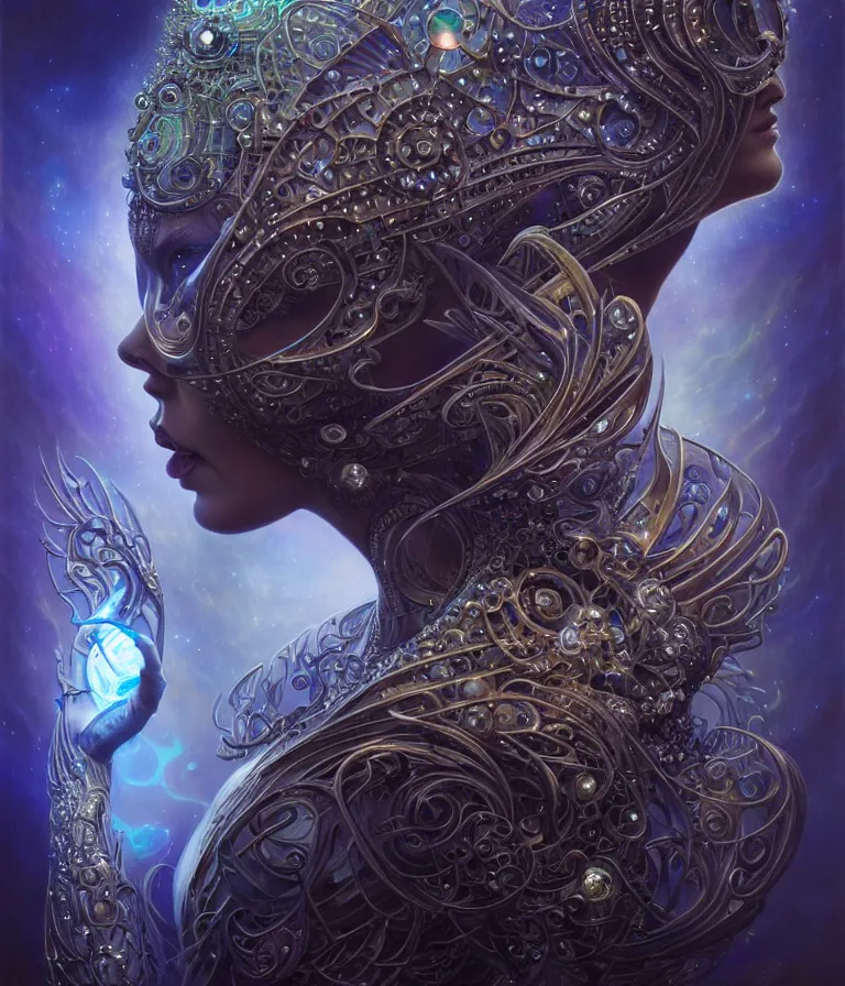 Image similar to front shot of a magic queen , character, hyperdimensional, bioluminescent hypercubes, dark holography, spectral, chrome, intricate, elegant, highly detailed, centered, artstation, concept art, smooth, sharp focus, artgerm, Tomasz Alen Kopera, Peter Mohrbacher, donato giancola, Joseph Christian Leyendecker, WLOP, Boris Vallejo, mugshot, octane render, nvidia raytracing demo, 8K, digitalblasphemy, metatron