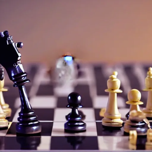 Image similar to a robot playing chess with Magnus Carlsen, photorealistic, cinematic, 4K, award-winning