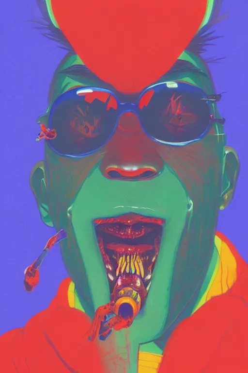 Prompt: a colorful vibrant closeup portrait of Gorillaz licking a tab of LSD acid on his tongue and dreaming psychedelic hallucinations, by kawase hasui, moebius, Edward Hopper and James Gilleard, Zdzislaw Beksinski, Steven Outram colorful flat surreal design, hd, 8k, artstation
