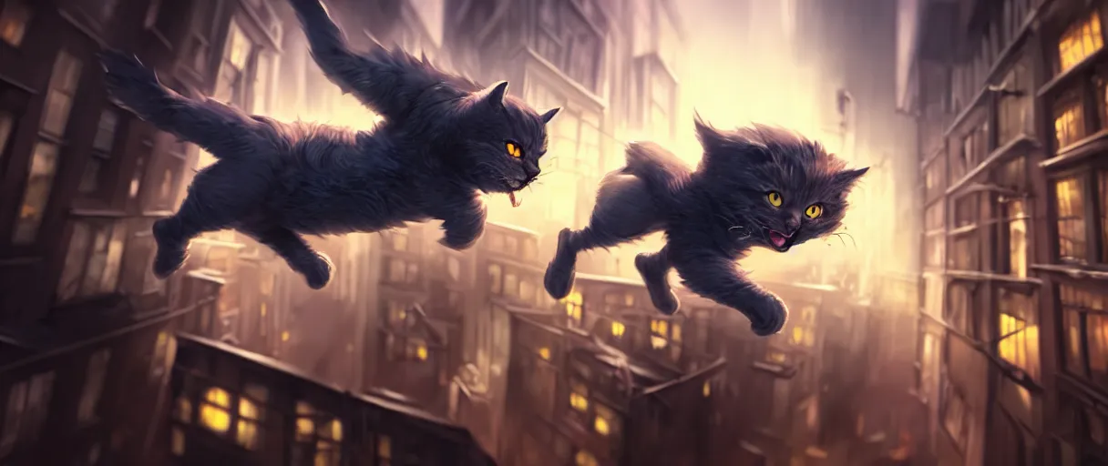 Image similar to hyper detailed concept art of a cute flooffy 3d catman jumping on a dark city alley sharp cinematic lighting 8k low angle shallow depth of field