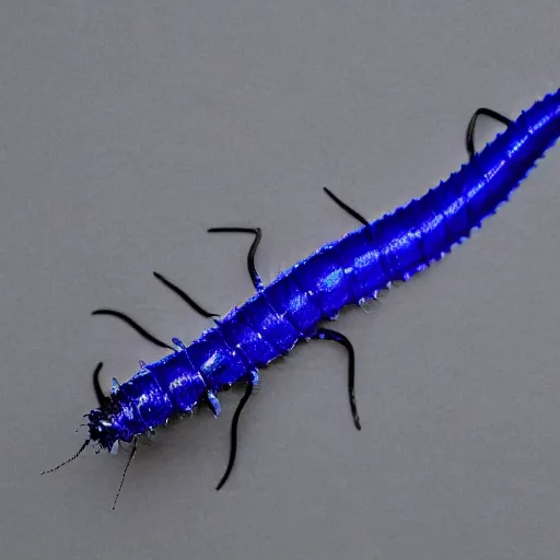 Image similar to studio photograph of a matte dark gray worm with a neon blue head and tail