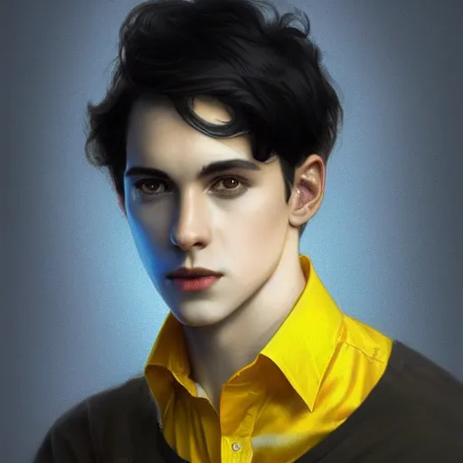 Image similar to ultra realistic illustration, a young man with black hair, in a checkered yellow shirt, with blue eyes, highly detailed, digital painting, artstation, concept art, smooth, sharp focus, illustration, art by artgerm and greg rutkowski and alphonse mucha