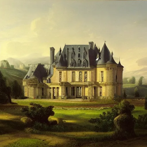 Image similar to a large serene beautiful matte painting of a delapitaded quaint french country castle covered in a state of disrepair in vines, by asher brown durand and george ault featured on artstation