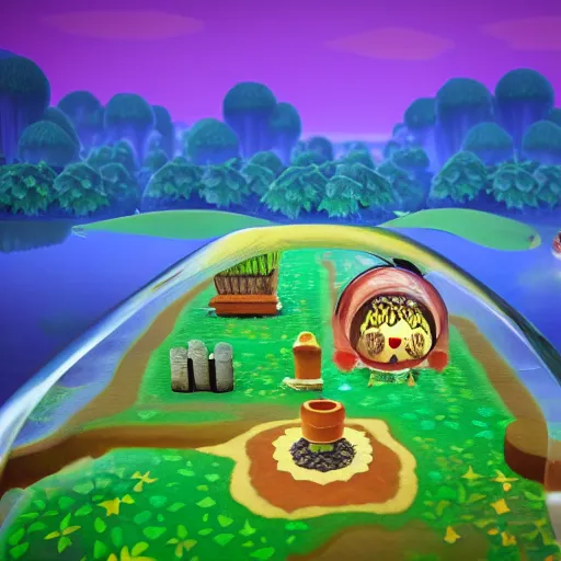 Prompt: animal crossing micro world inside a glass bottle, stunning, beautiful, breathtaking, reflections, bioluminescence, fantasy, hyper - realistic, unreal engine, pattern, fractal