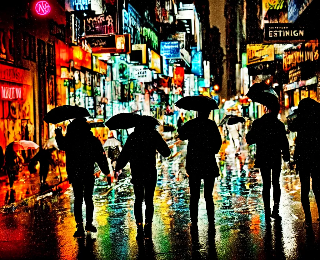 Image similar to night flash photography of punks on the lower east side in the rain!!! by Nick Silva and Margaret Keane, color photography, street photography, photorealistic, nighttime, rain, atmospheric,