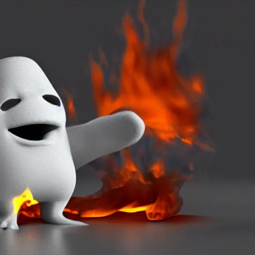 Image similar to a 3 - d rendering of a marshmallow screaming in pain while it is on fire