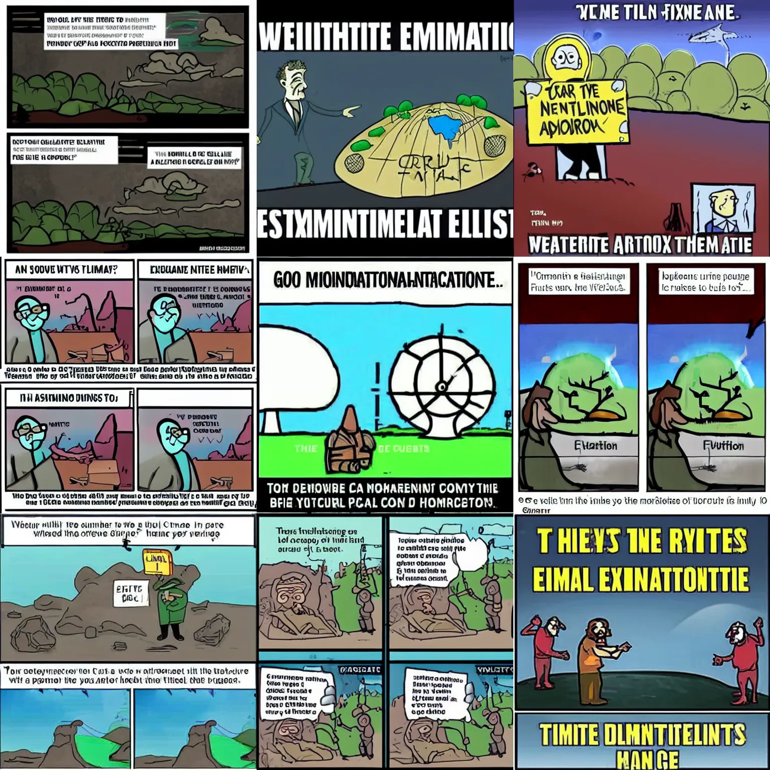 Prompt: a hilarious climate extinction dystopia cartoon meme