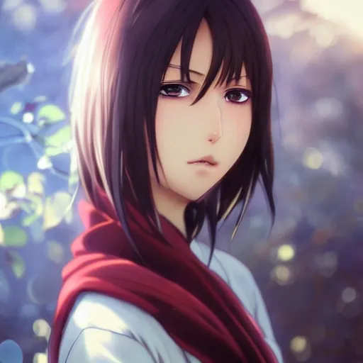 Image similar to anime mikasa ackerman, bokeh, beautiful face!!!!, 2 7 years old, sharp focus, cg animation, lifelike, animated, realistic, character select portrait, by artgerm, greg rutkowski, alphonse mucha, 3 d