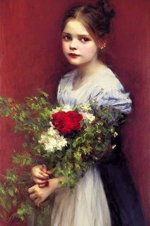 Image similar to Solomon Joseph Solomon and Richard Schmid and Jeremy Lipking victorian genre painting full length portrait painting of a young girl holding a bouquet, red background