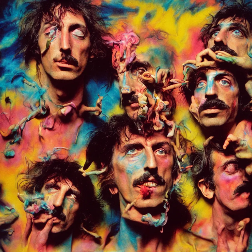 Image similar to award winning photo of pink floyd and frank zappa tripping on lsd and smoking weed, vivid colors, happy, symmetrical face, beautiful eyes, studio lighting, wide shot art by Sally Mann & Arnold Newman