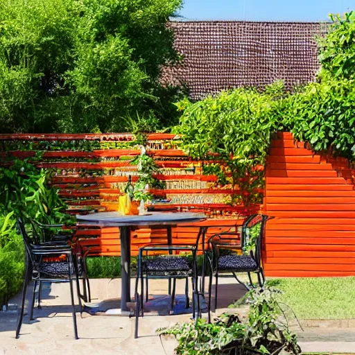 Prompt: fenced in garden, orange brick fence, wood fired bbq and wooden table covered by trellis with vines, bright sunny day, blue skies, no clouds, artistic rendering 8k