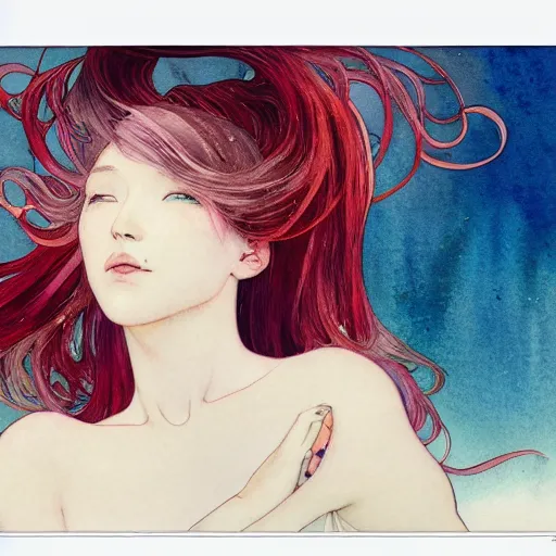 Image similar to side view a beautiful and inspiring intricate watercolor illustration artwork red hair girl, 4 k, ultra - wide angle, by william turner, by victo ngai, by alphonse mucha, by miho hirano, hd, trending on artstation, hyper detailed, muted colors, inspiring, beautiful, energetic