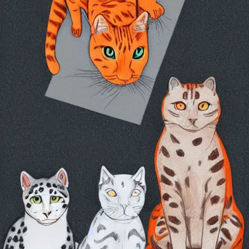 Image similar to An orange cat, a gray cat, a spotted white and gray cat, and a siamese cat sitting side-by-side facing us, cinematic atmosphere, art by Arist Deyn.