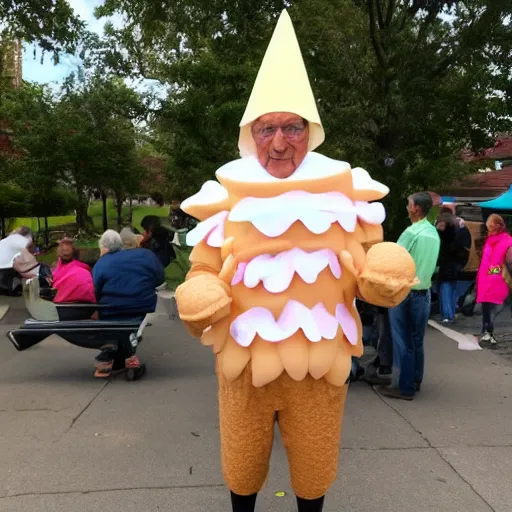 Image similar to a photograph of an old man wearing an elaborate ice cream cone costume