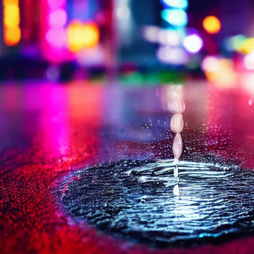 Prompt: a raindrop creating a splash in a puddle which is surrounded by the neon light of a big city, ultrarealistic hd 8k