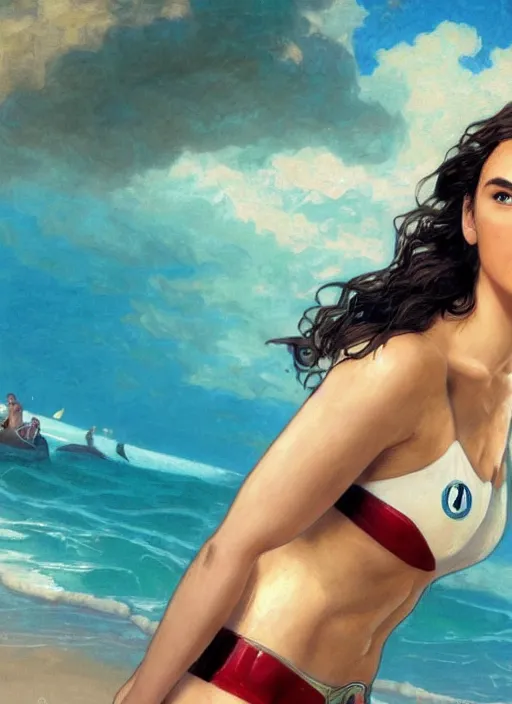 Prompt: portrait gal gadot as sea lifeguard on the beach, full length shot, shining, 8k highly detailed, sharp focus, illustration, art by artgerm, mucha, bouguereau