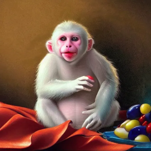 Image similar to magical scene. the sweet old very fat baby white monkey, red lips, blue eyes, is in love with her fancy beautiful colorful white fish. close up. clear face. subsurface scattering shiny skin. cinematic scene. glossy. highly detailed, color harmony, art station, ornate, caravaggio style. 3 d, beautiful lighting, old photography