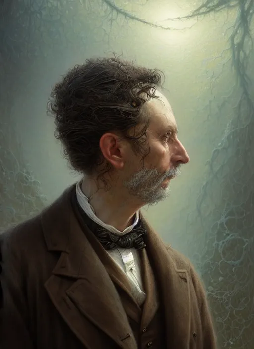 Image similar to closeup portrait shot of a victorian doctor in a scenic mystery environment, intricate, elegant, highly detailed, centered, digital painting, artstation, concept art, smooth, sharp focus, illustration, artgerm, tomasz alen kopera, peter mohrbacher, donato giancola, joseph christian leyendecker, wlop, boris vallejo