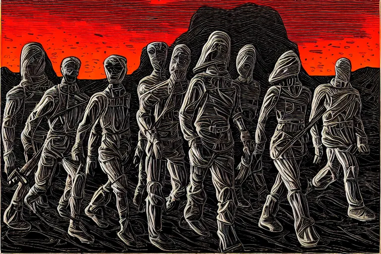 Image similar to ghost warriors, dark landscape, by dan mumford and by alberto giacometti, peter lindbergh, malevich, william stout