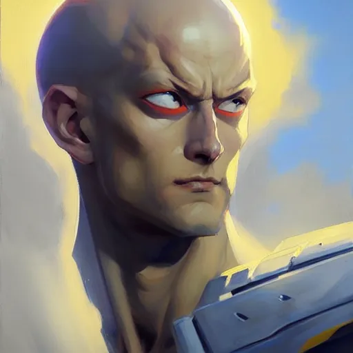 Image similar to Greg Manchess portrait painting of Saitama as Overwatch character, medium shot, asymmetrical, profile picture, Organic Painting, sunny day, Matte Painting, bold shapes, hard edges, street art, trending on artstation, by Huang Guangjian and Gil Elvgren and Sachin Teng