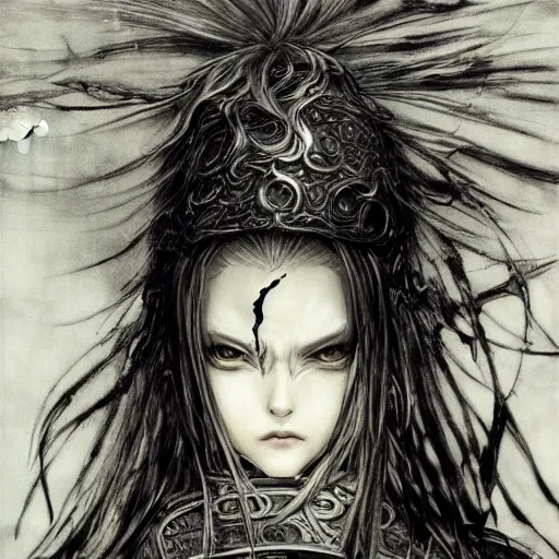 Image similar to Yoshitaka Amano realistic illustration of an anime girl with wavy white hair and cracks on her face wearing dark souls armour with the cape fluttering in the wind, abstract black and white patterns on the background, noisy film grain effect, highly detailed, Renaissance oil painting, weird portrait angle
