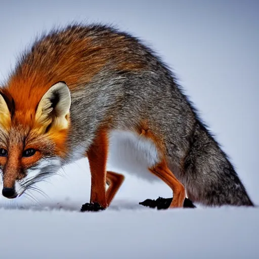 Image similar to mouse mixed with a fox searching for food in the snow, macro shot, soft light of winter, award winning photo, national geographic,