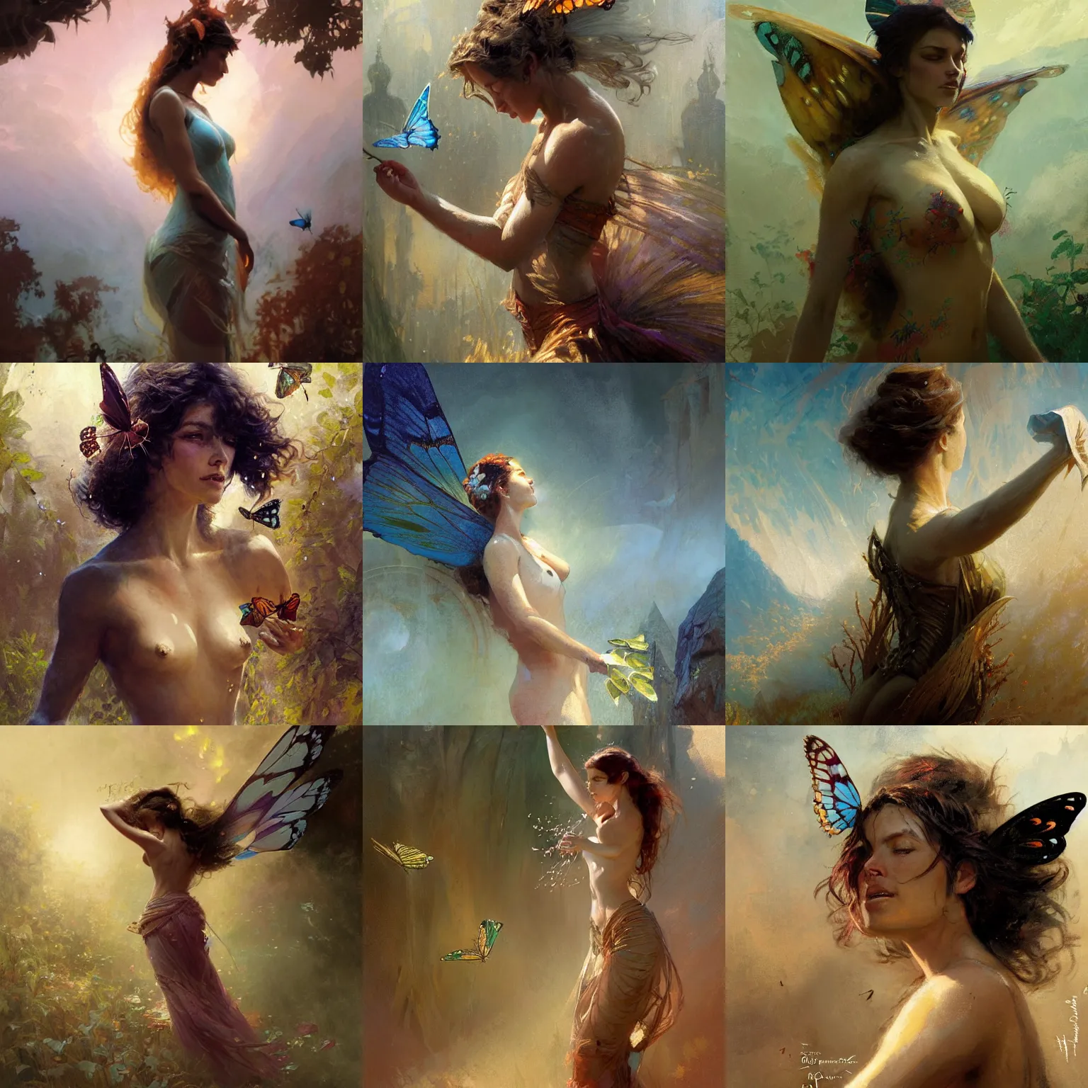 Prompt: a woman transforming into a butterfly, fantasy illustration by Greg Rutkowski, Gaston Bussiere, craig mullins