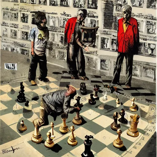 Image similar to chess alegory of rich against poor, marxism, by karol bak, banksy, simon bisley, guy denning, mimmo rotella, ravi zupa