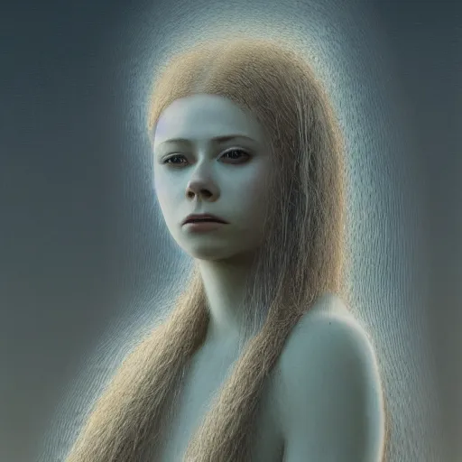 Image similar to Woman masterpiece, Avril Lavigne, lines, by Edgar Maxence and Ross Tran, Zdzisław Beksiński, and Michael Whelan, distant, gustav dore, H.R. Giger, 8k, octane render